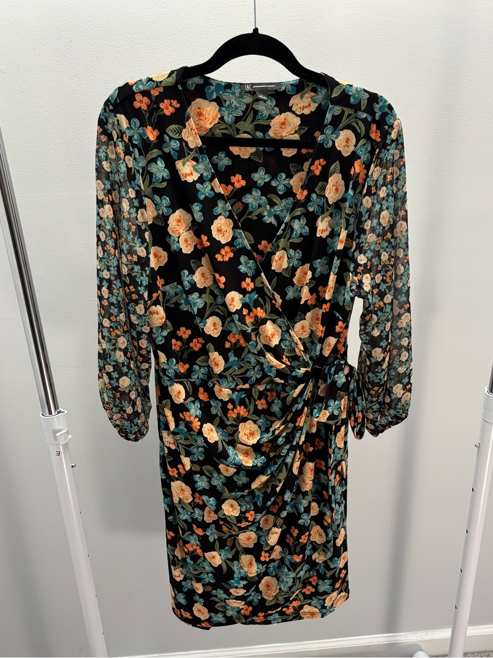 INC International Concepts Black Floral Wrap Dress with Sheer Bubble Sleeves